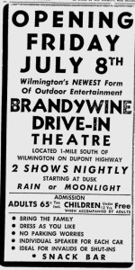 1949 newspaper advertisement for Delaware's first drive-in theater.