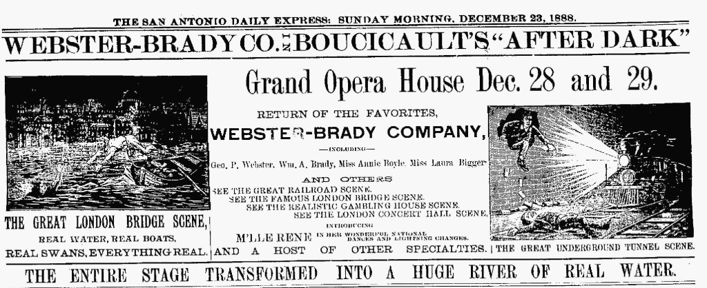 Ad for the 1888 Webster-Brady Company touring production of After Dark, featuring Laura Biggar. The "Great London Bridge Scene" featured Laura's rescue from a large tank of water on stage.